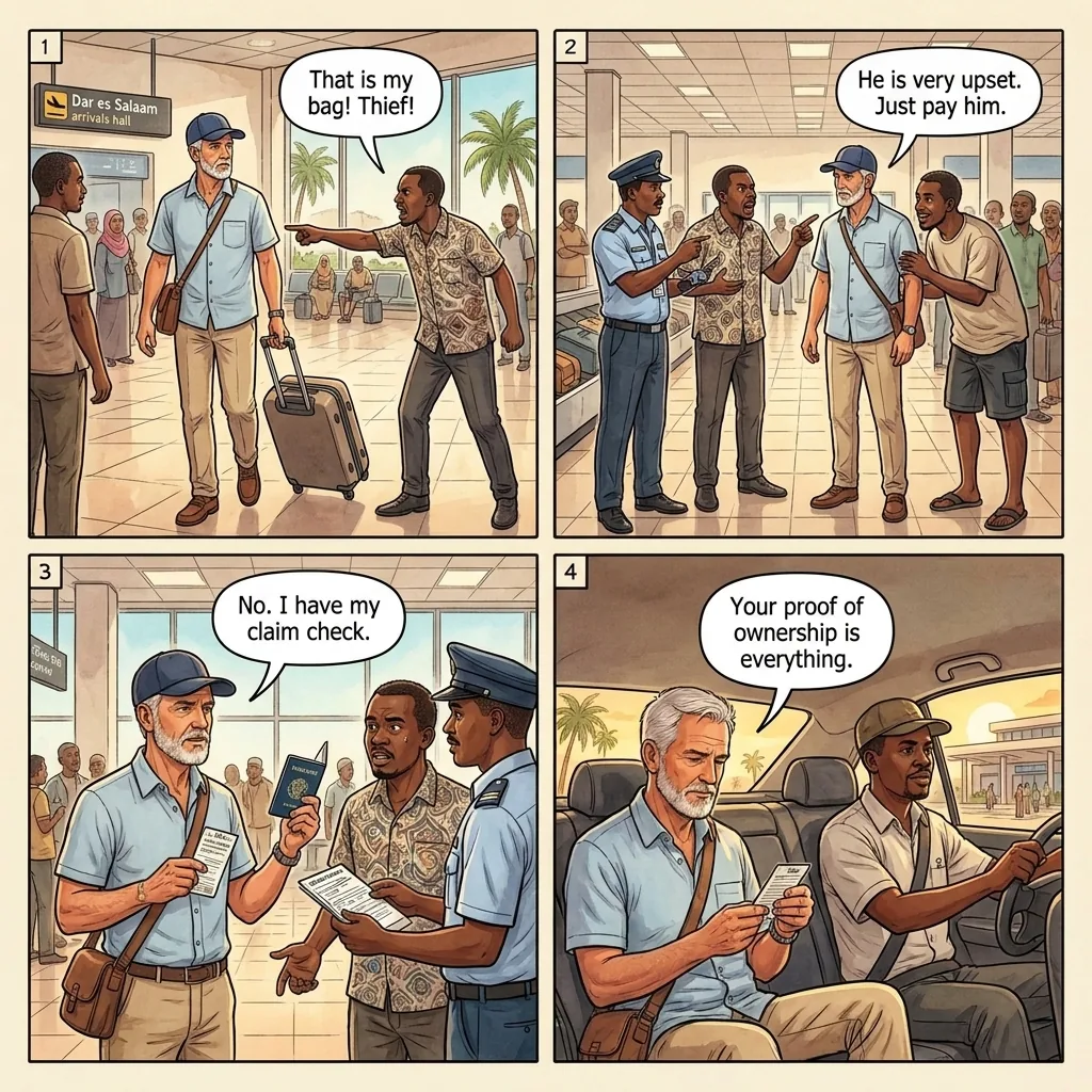 Fake Luggage Dispute Scam — comic illustration