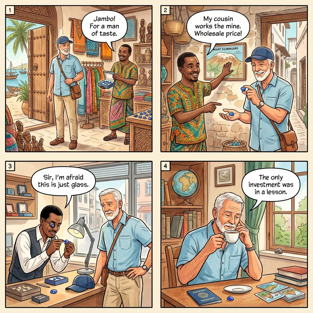 Gem & Tanzanite Investment Fraud — comic illustration
