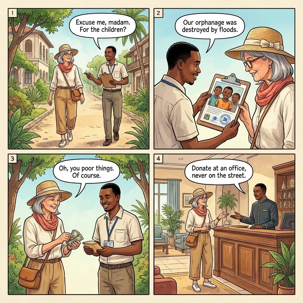 Fake Charity / Orphanage Donation Scam — comic illustration
