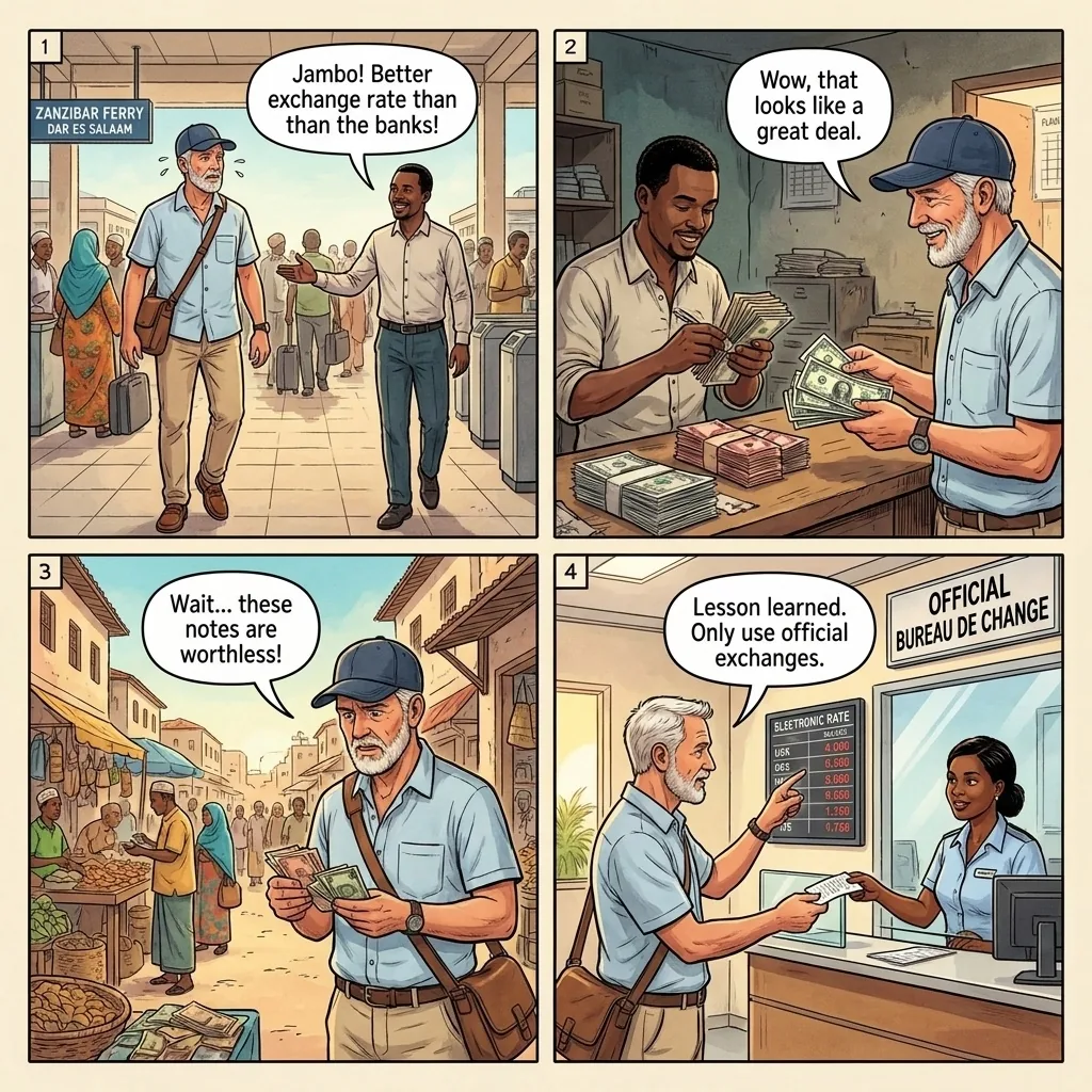 Currency Exchange Black Market Trap — comic illustration