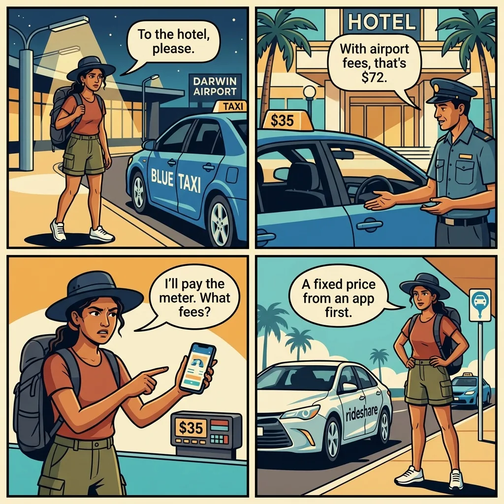Darwin Airport Blue Taxi / Rank Overcharge — comic illustration