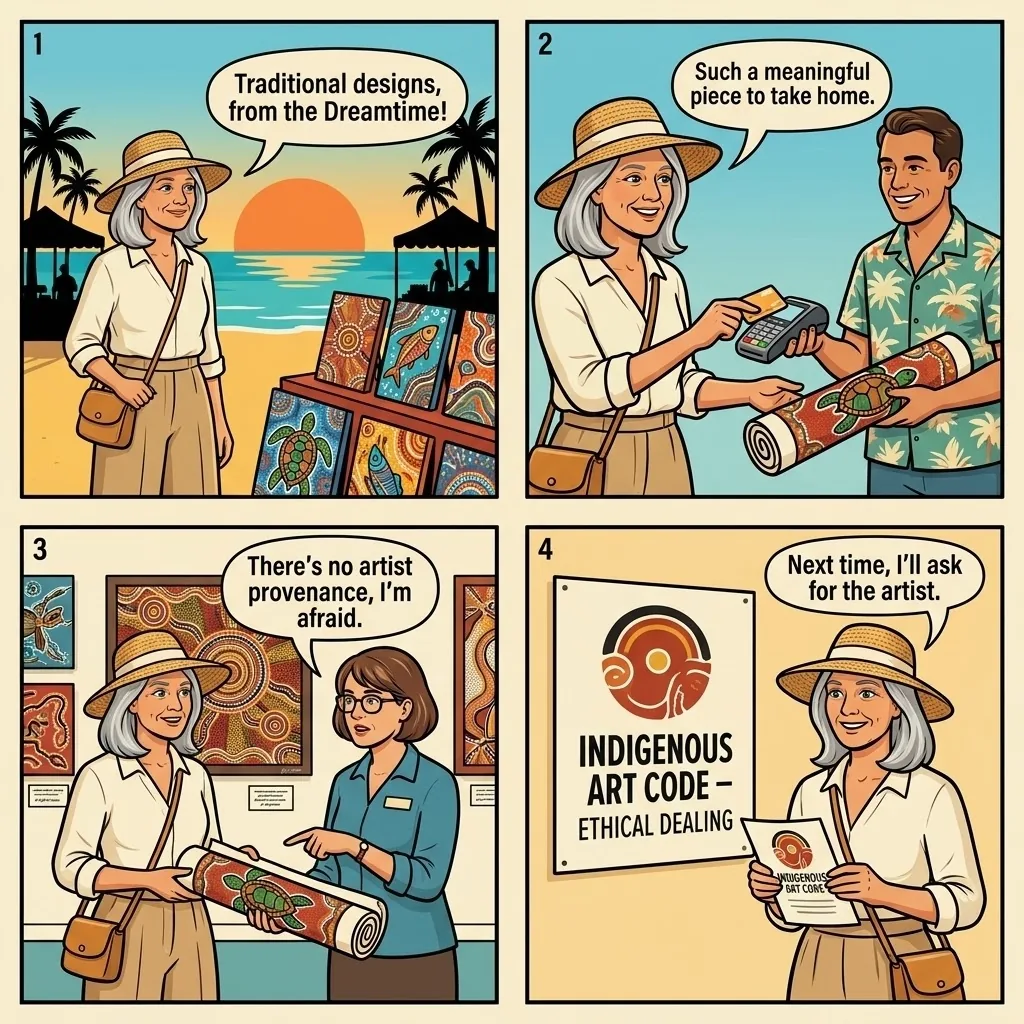 Mindil Beach Sunset Market Indigenous Art Mislabelling — comic illustration