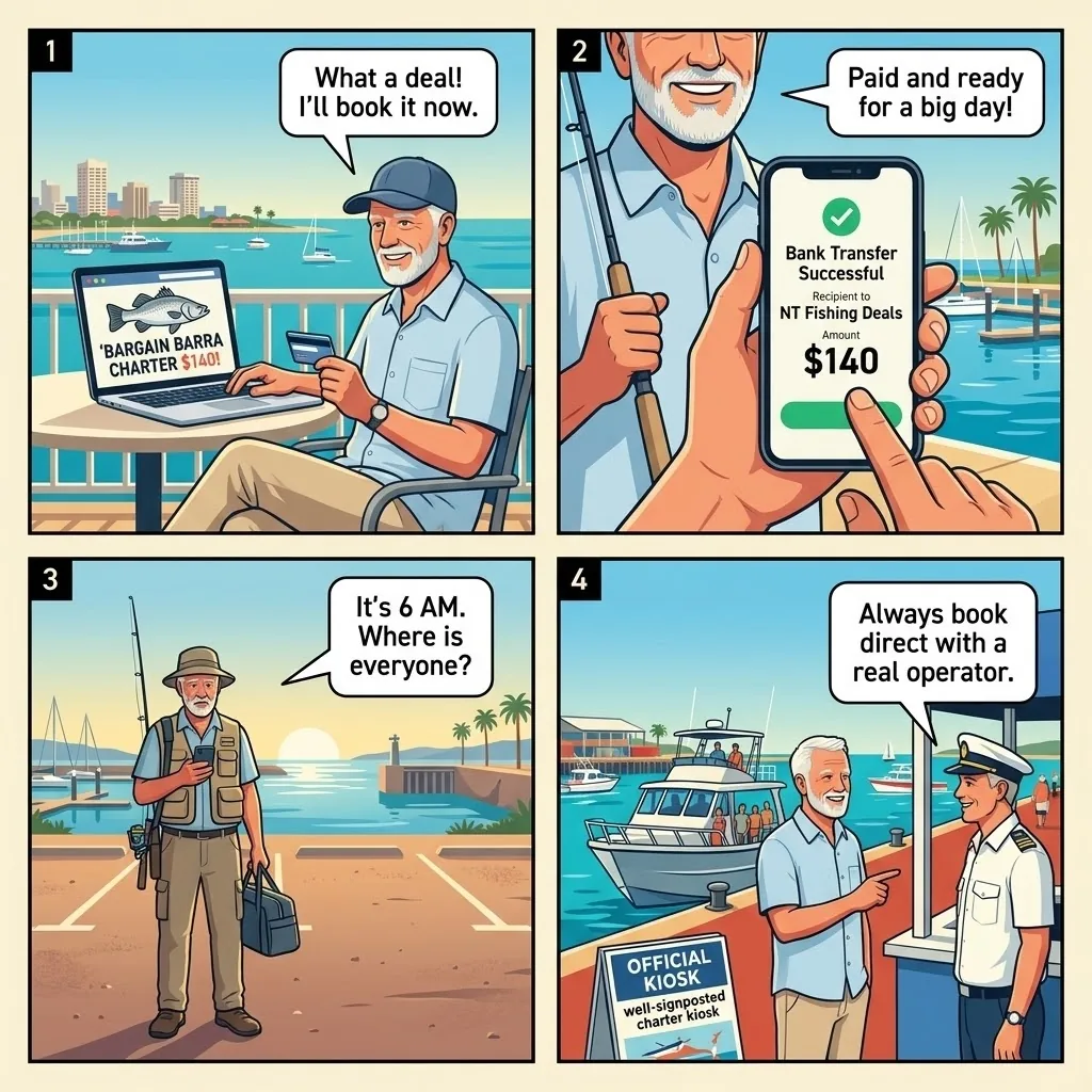 Darwin Fishing Charter & Wildlife Tour Booking Fraud — comic illustration