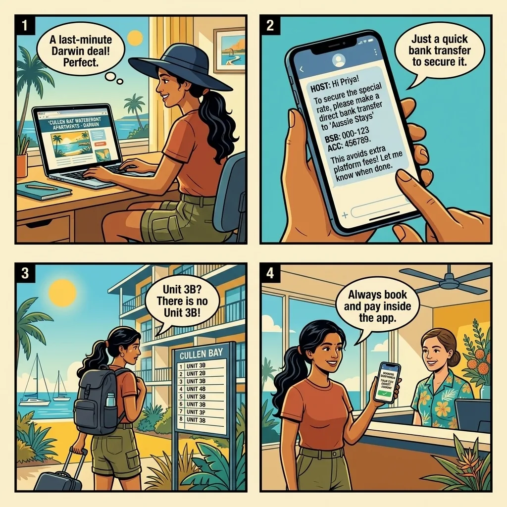 Fake Short-Stay Accommodation Listing — comic illustration