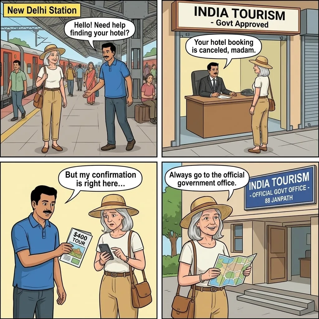 The New Delhi Station Fake Tourist Office — comic illustration