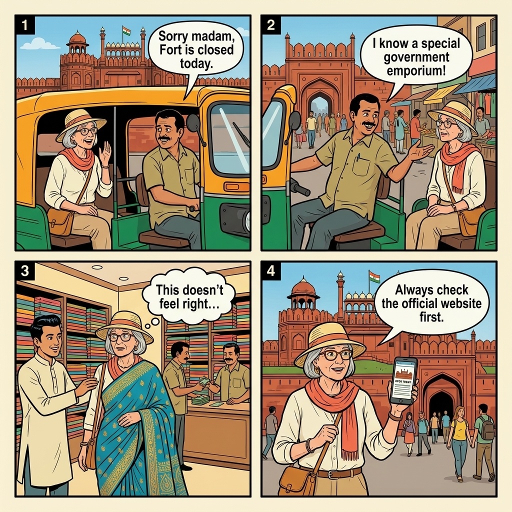 Delhi Red Fort closed attraction rickshaw redirect scam comic — auto-rickshaw driver tells tourist Red Fort is closed, redirects to silk emporium