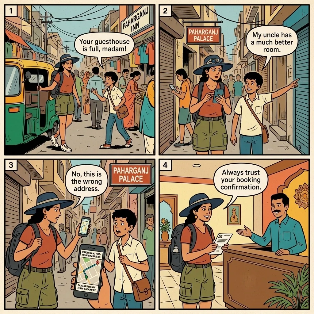 Paharganj Overpriced 'Guesthouse Full' Hustle — comic illustration
