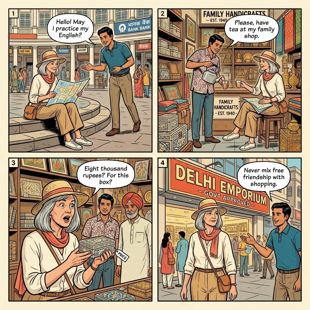 The Connaught Place Friendly-Stranger Tea Trap — comic illustration