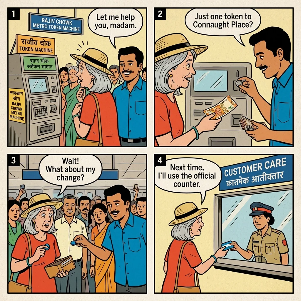 Fake Delhi Metro Token Tout — comic illustration
