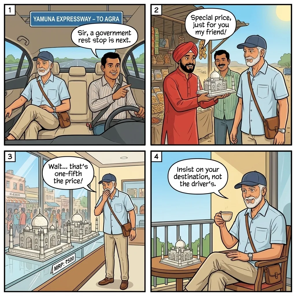 Overpriced Tuk-Tuk to Agra Road Vendors — comic illustration