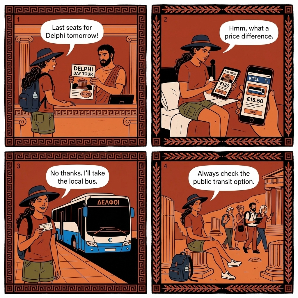Athens Day-Trip €120 Markup vs €15 KTEL Bus — comic illustration