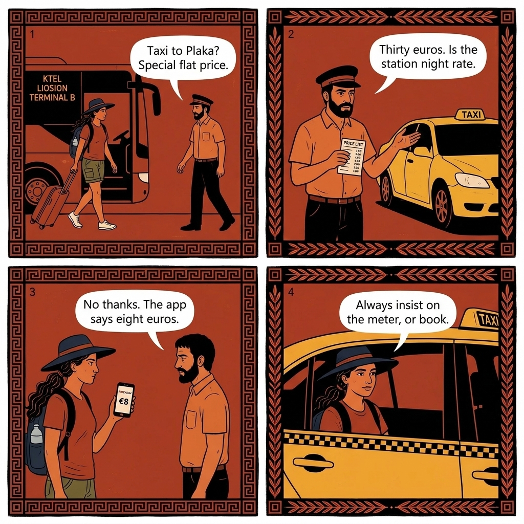 Liosion Bus Station Taxi Shakedown on Delphi Return — comic illustration