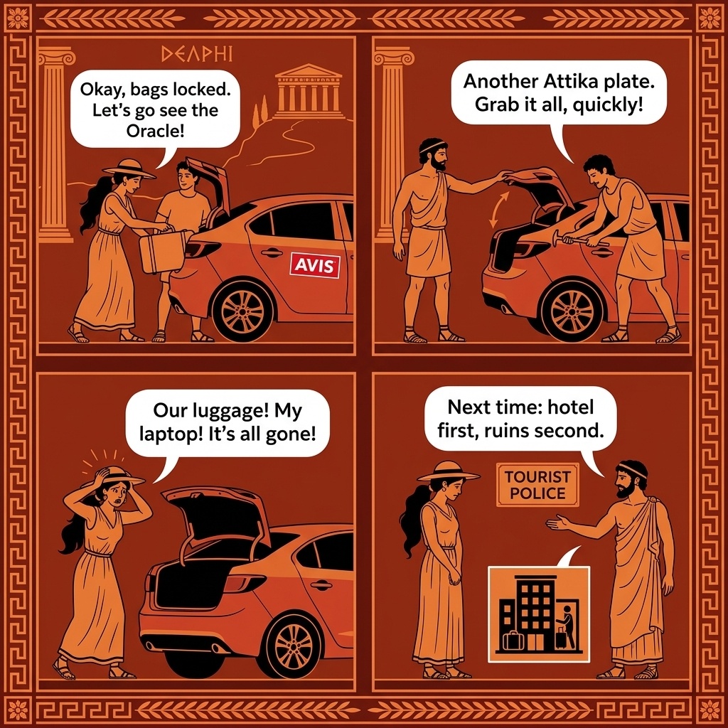 Sightseeing Parking-Lot Rental-Car Break-In — comic illustration