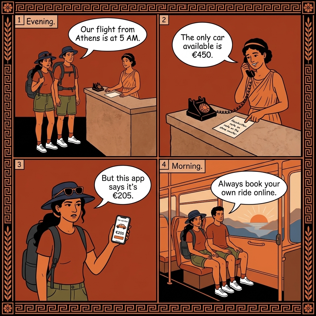 Athens-Delphi Private Transfer €350 Markup — comic illustration