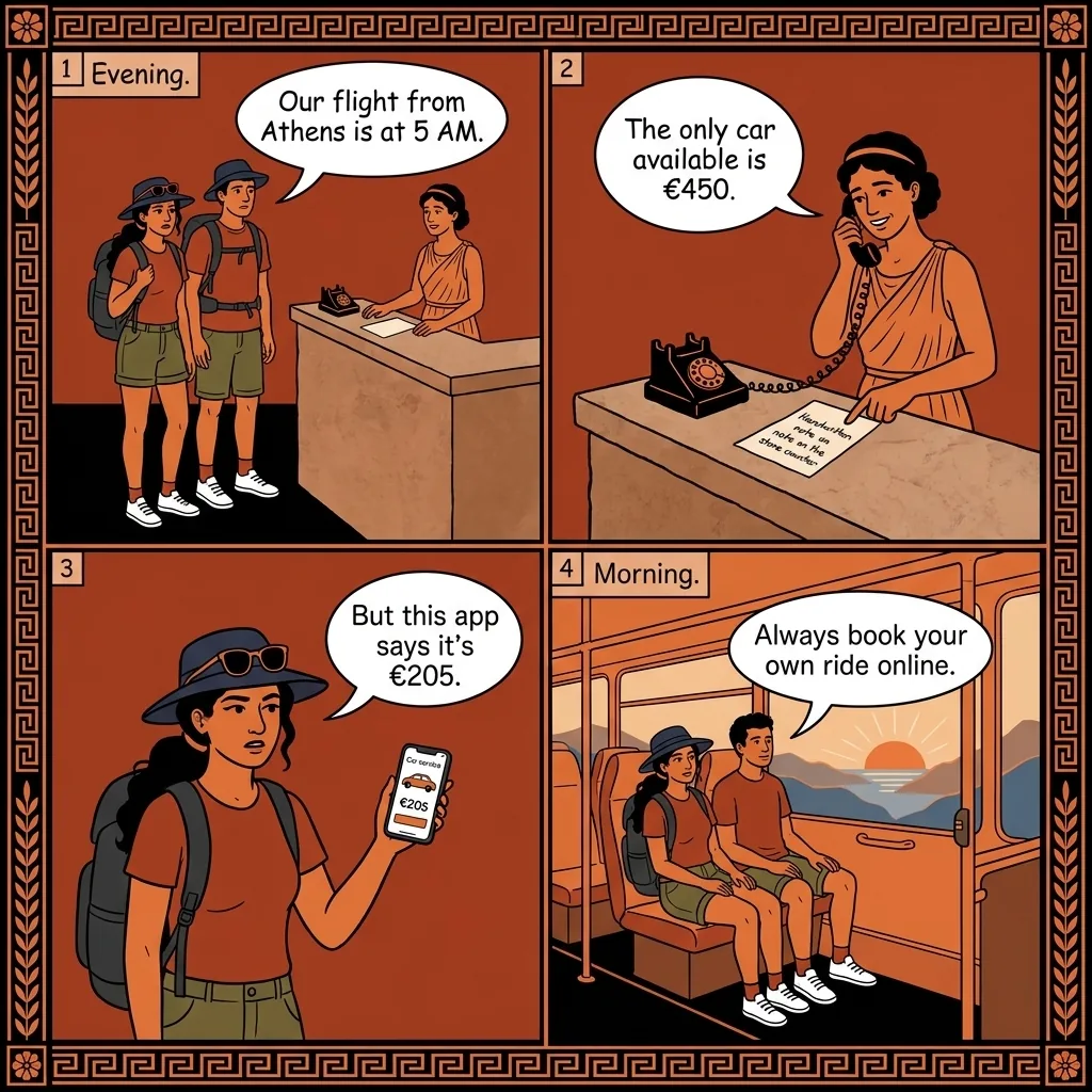 Athens-Delphi Private Transfer €350 Markup — comic illustration