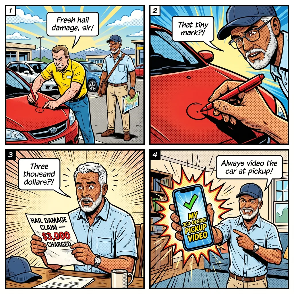 Rental Car Damage Shakedown at Denver Airport — comic illustration