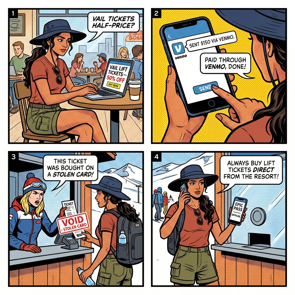 Fake Ski Lift Tickets on Craigslist — comic illustration