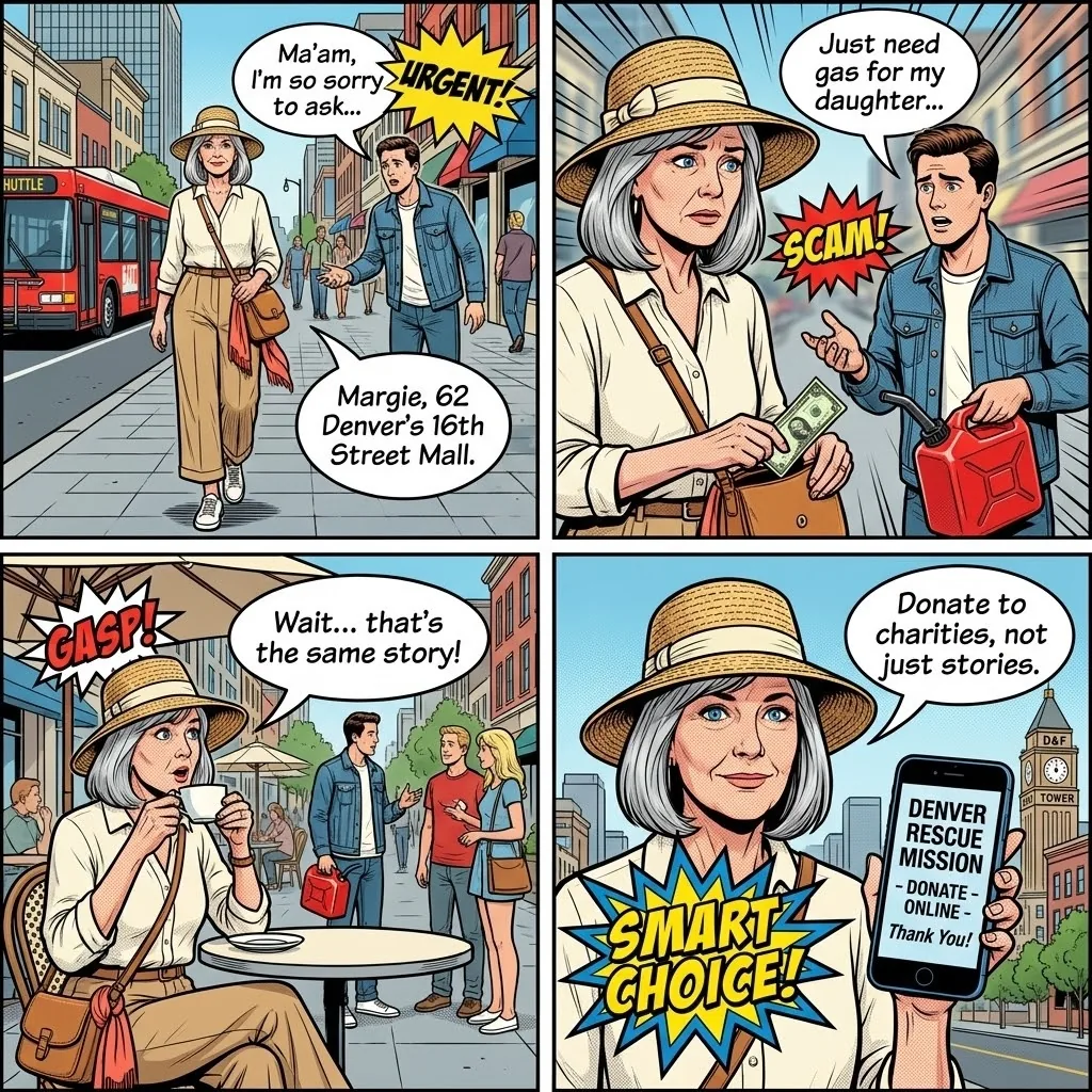 Aggressive Panhandling and Sob Story Hustles — comic illustration