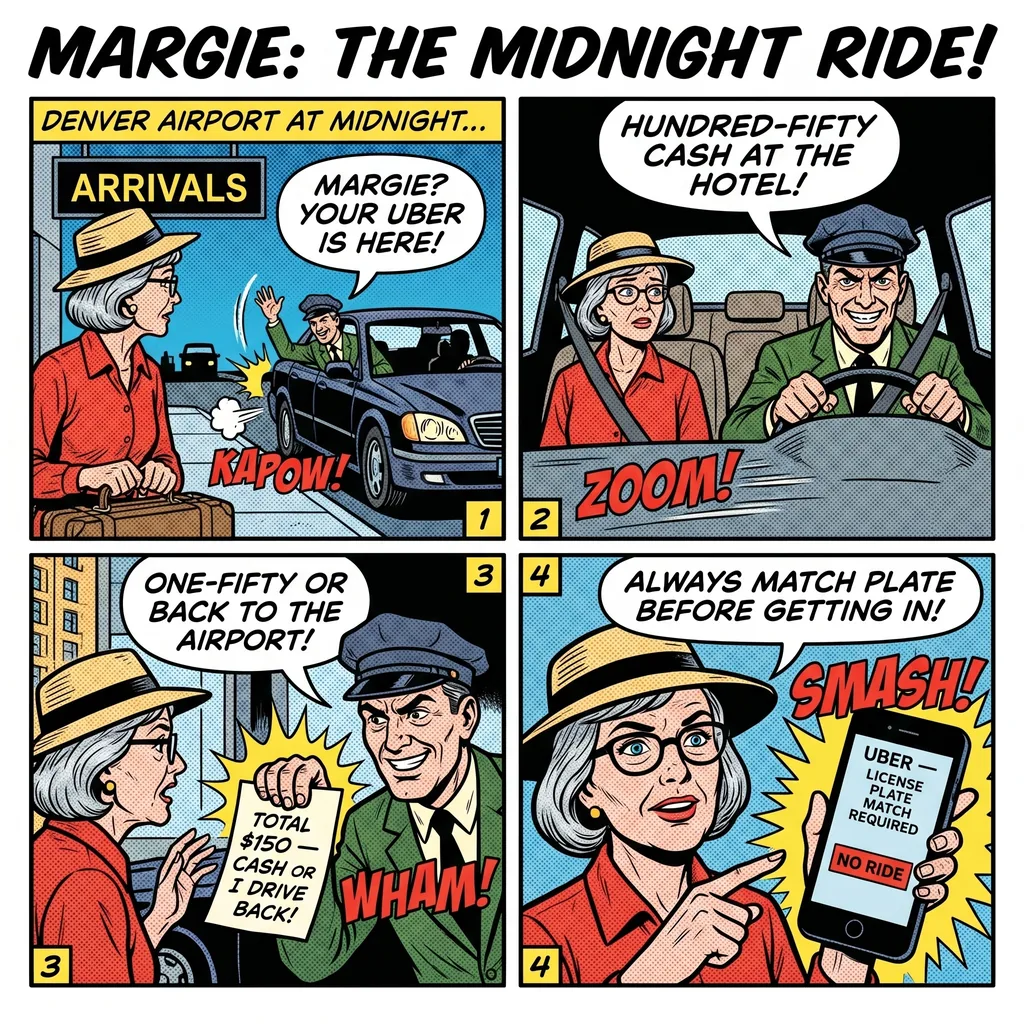 Rideshare Impersonators at Denver Airport and Events — comic illustration