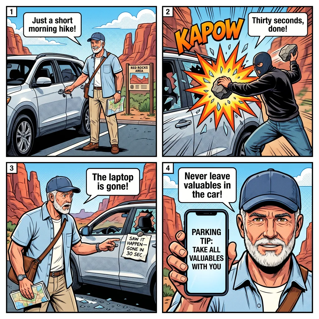 Vehicle Break-Ins at Trailheads and Tourist Parking — comic illustration