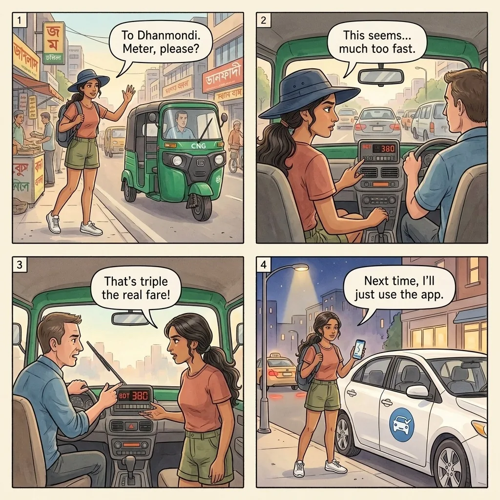 The Dhaka CNG Auto-Rickshaw Meter Trick — comic illustration