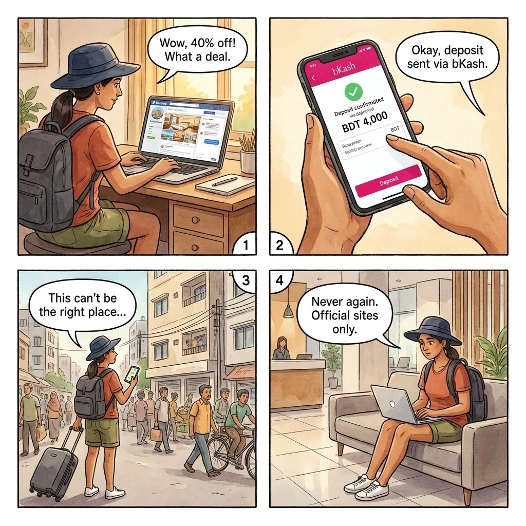 The Dhaka Facebook Hotel-Booking bKash Fraud — comic illustration