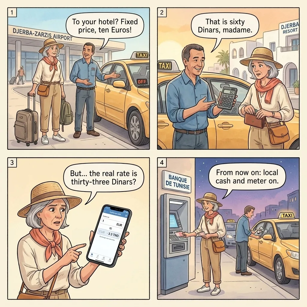The Djerba Airport TND-vs-EUR Switch — comic illustration