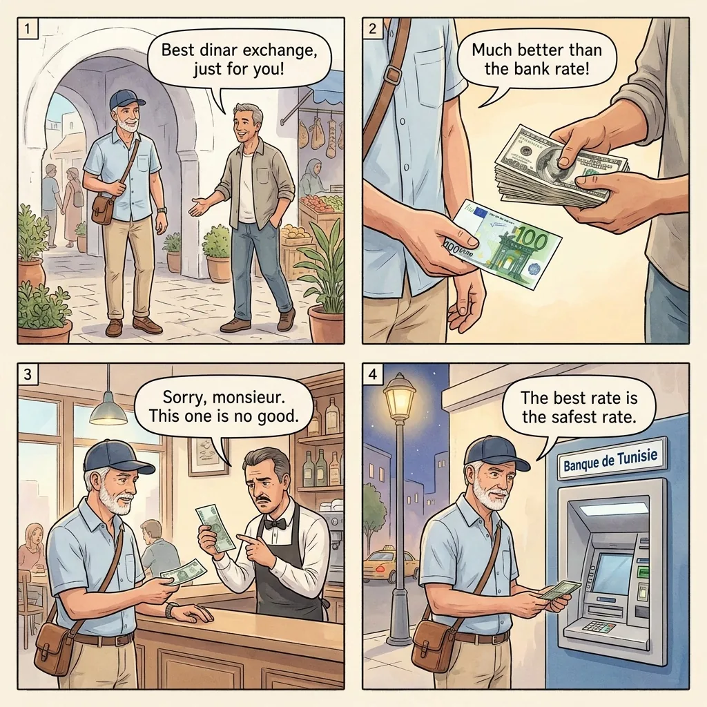 The Houmt Souk Counterfeit-Dinar Hand-Off — comic illustration