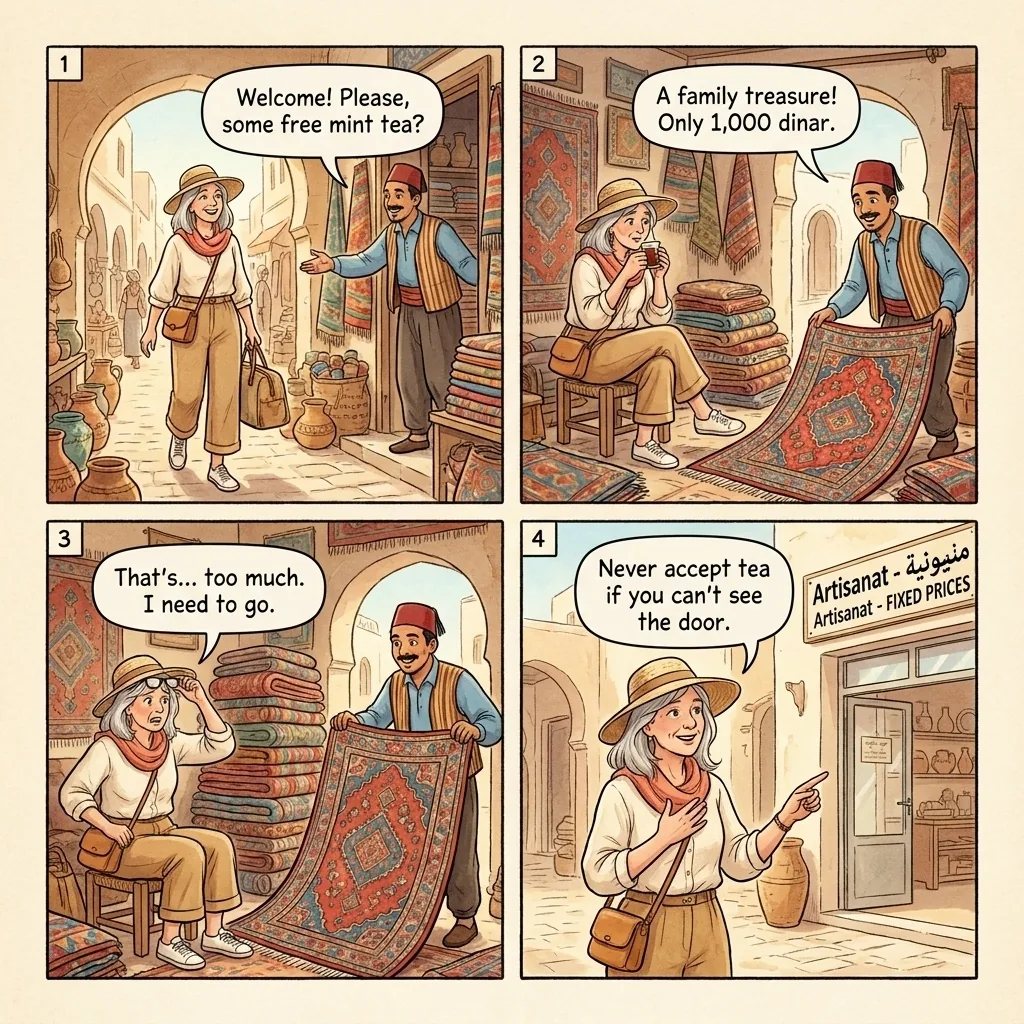 The Houmt Souk Carpet-Tea Pressure Sale — comic illustration