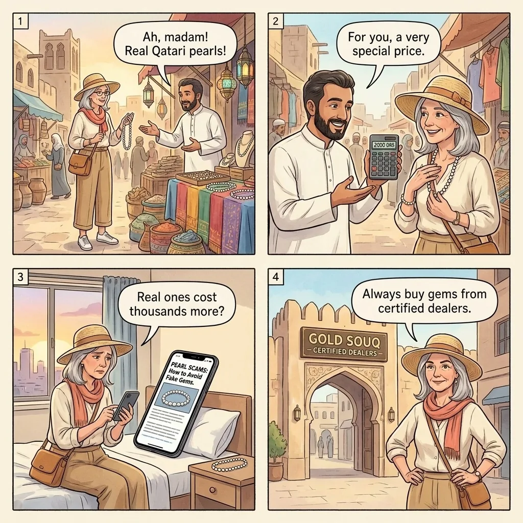 The Souq Waqif Pearl-Authenticity Switch — comic illustration