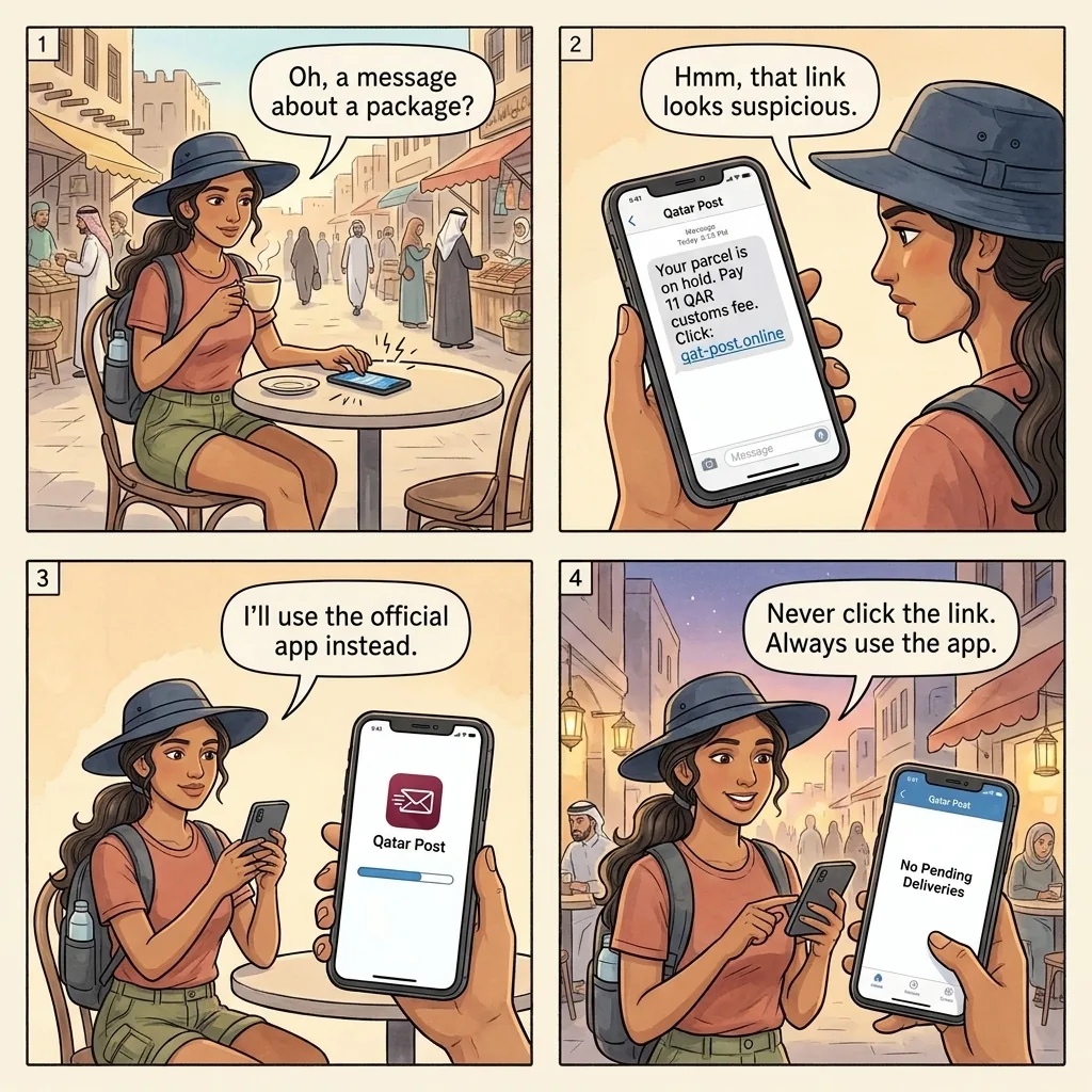 The Qatar Post 'Fake Delivery' SMS Phish — comic illustration