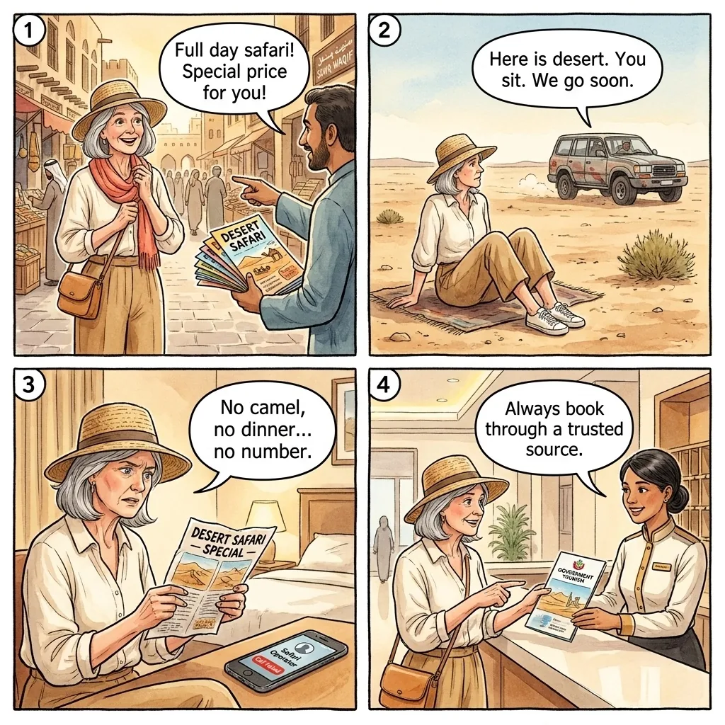 The Souq Waqif Desert-Safari Flyer Vanish — comic illustration