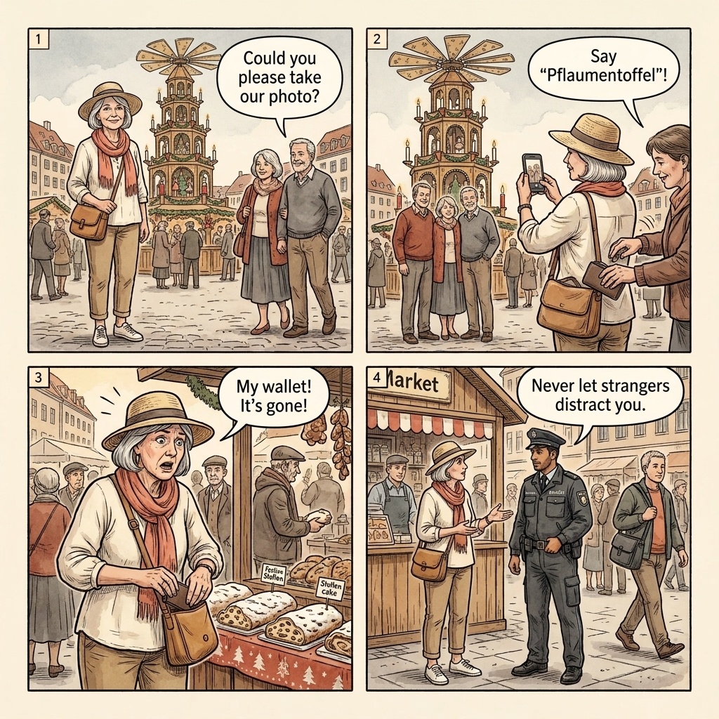 Striezelmarkt Christmas Market Pickpocket Ring — comic illustration