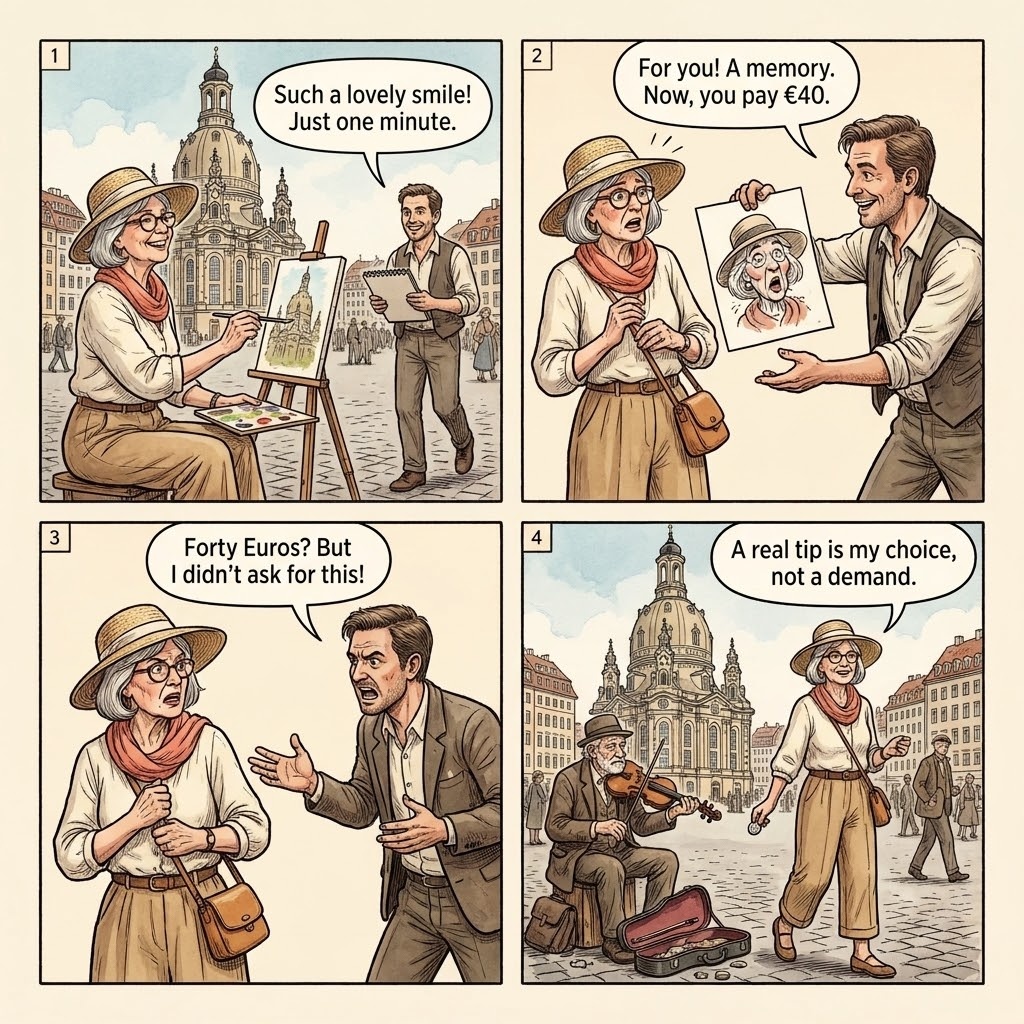 Dresden Altstadt 'Street Performer' & Donation Scam — comic illustration