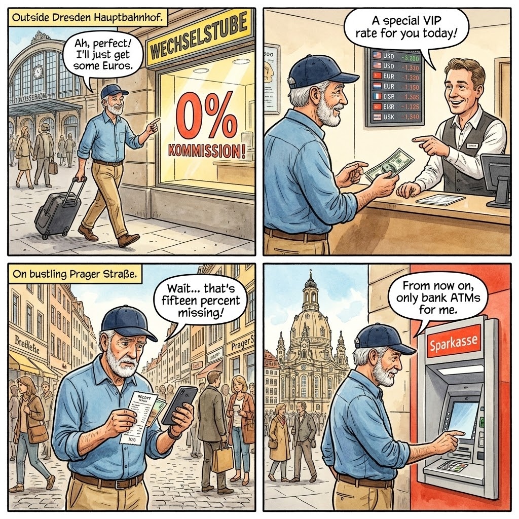 Dresden Currency Exchange & 'Schnell-Wechselstube' Overcharge — comic illustration