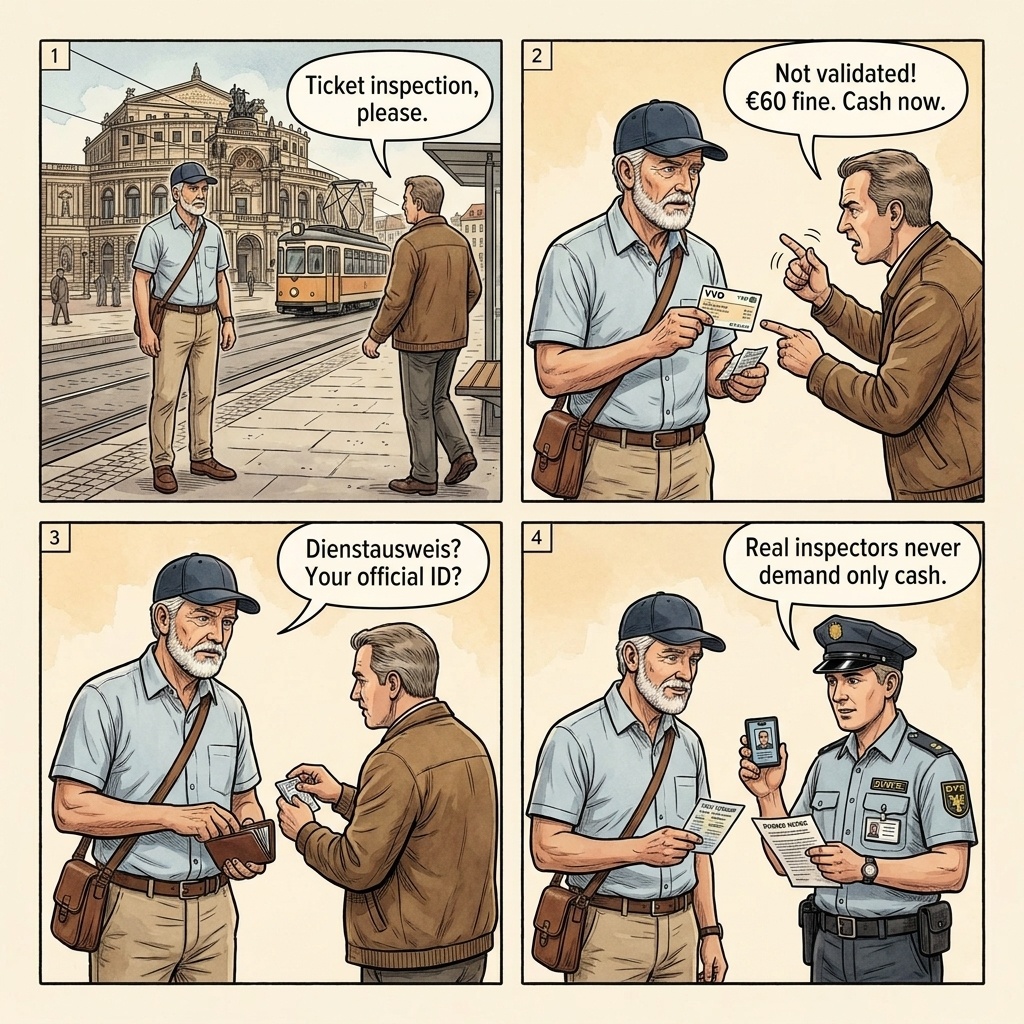 Fake VVO Ticket Inspector & Dresden Transit Cash-Fine Scam — comic illustration