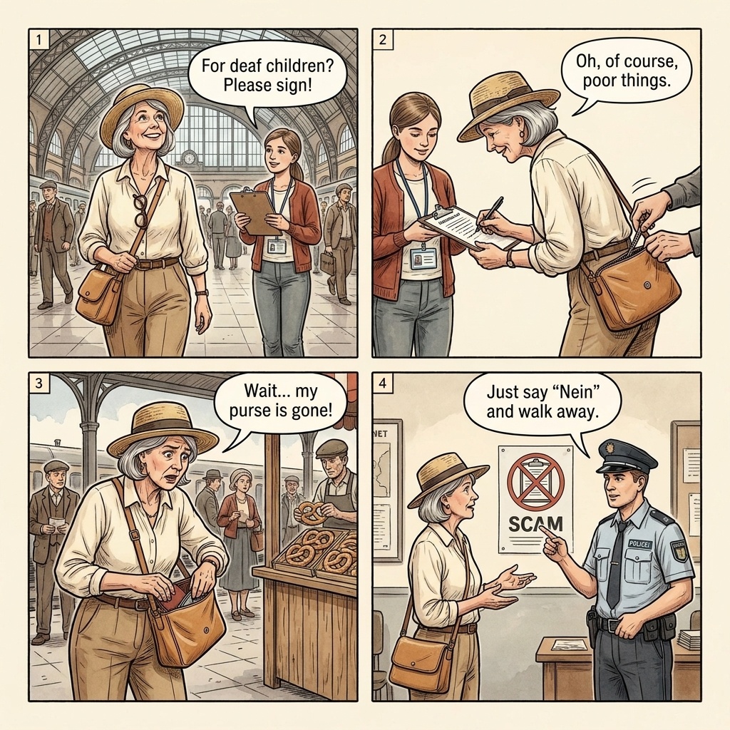 Dresden Hauptbahnhof Approach Scams & Prager Straße Pickpocket — comic illustration