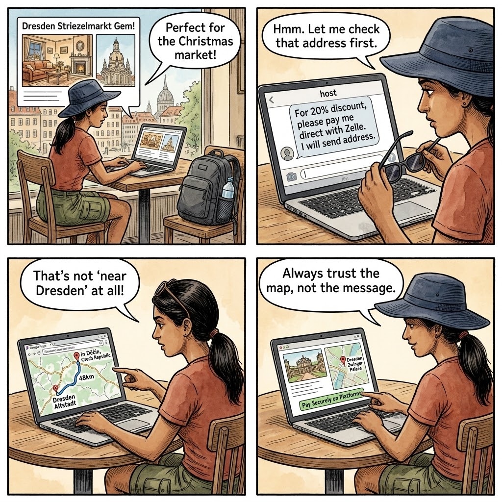 Dresden STR & Bohemian-Border Accommodation Fraud — comic illustration