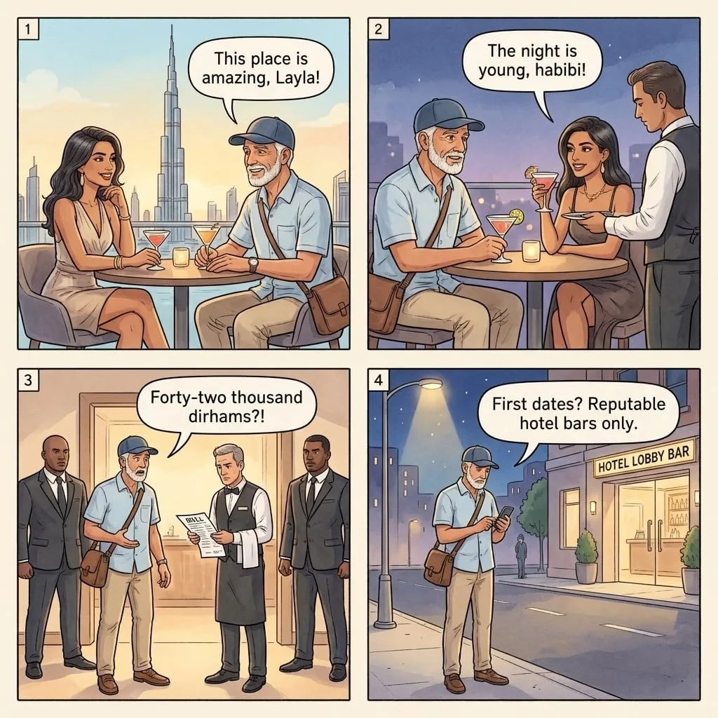 The Dubai Tinder-Date Bar-Bill Ambush — comic illustration