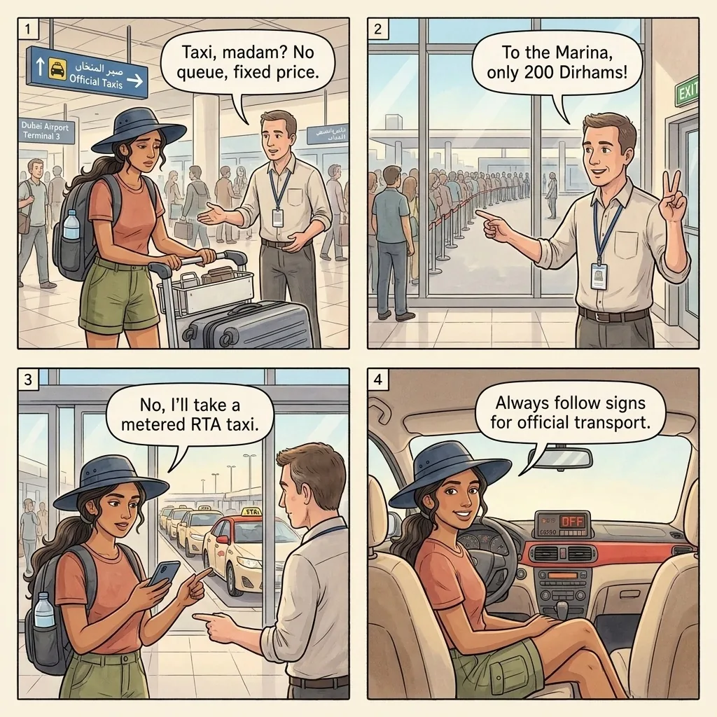 The DXB Airport Unofficial Taxi Tout — comic illustration