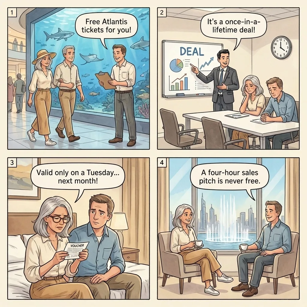 The Dubai Mall Timeshare 'Free Gift' Lure — comic illustration
