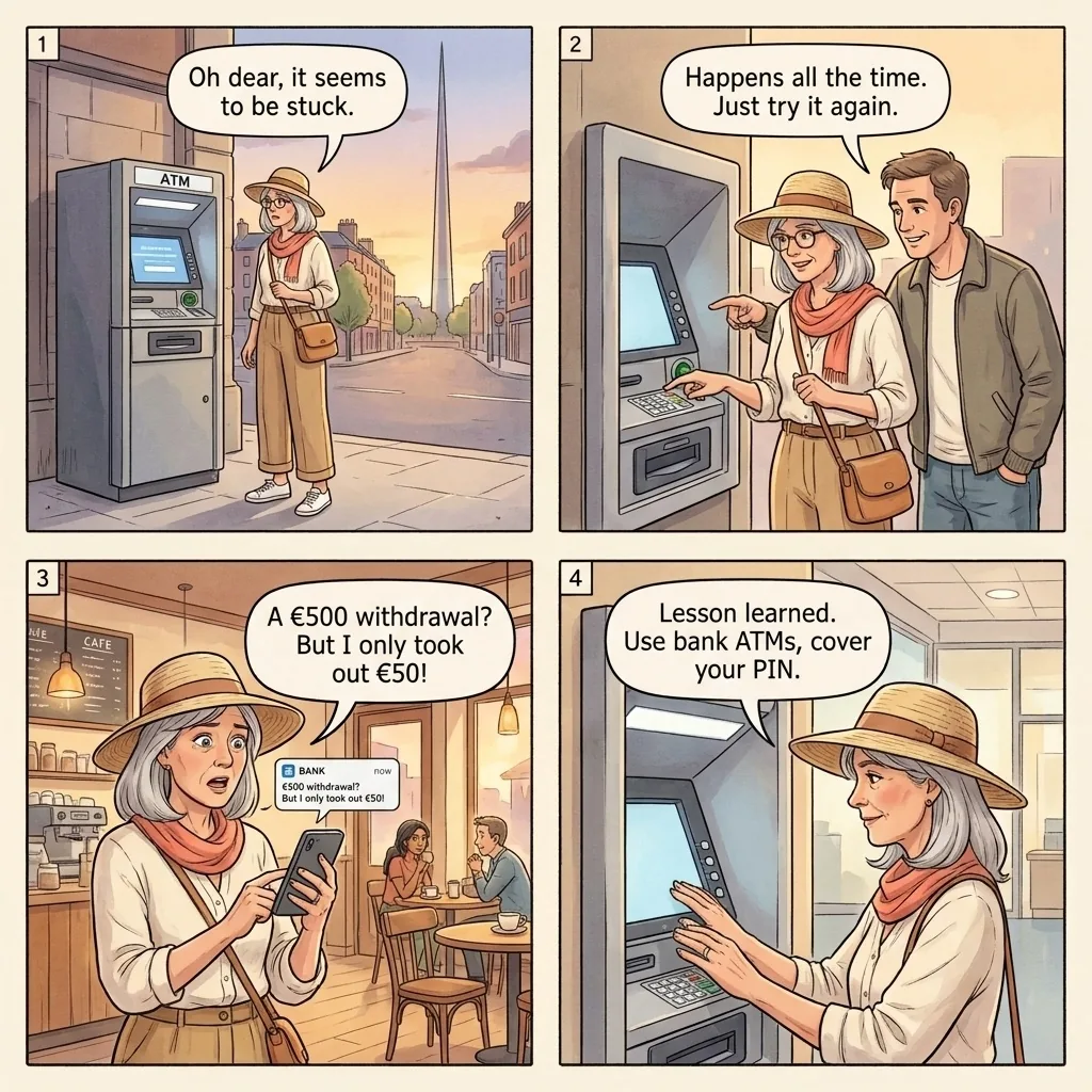 The O'Connell Street ATM 'Helpful Stranger' Skim — comic illustration