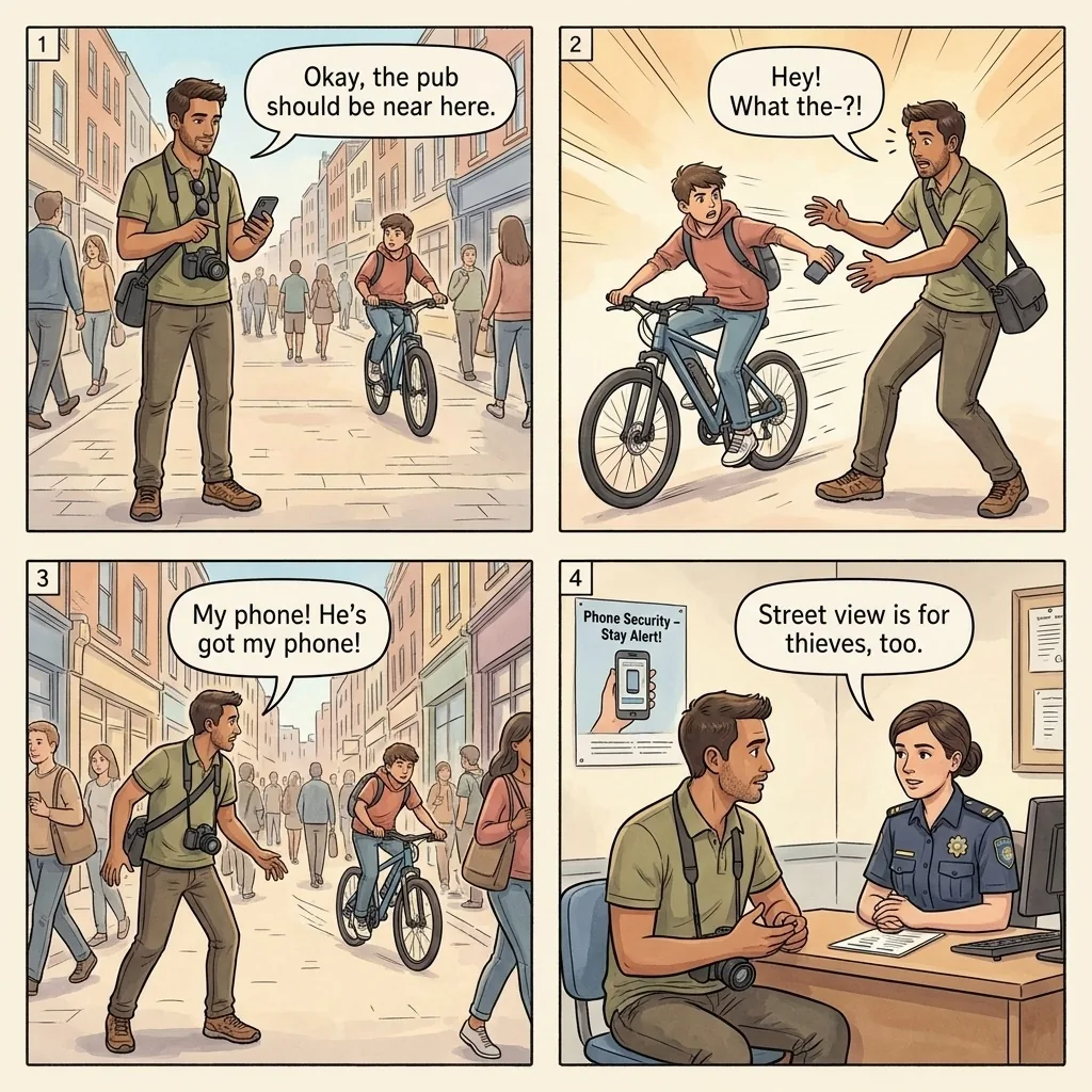 The Grafton Street Bicycle Phone Snatch — comic illustration