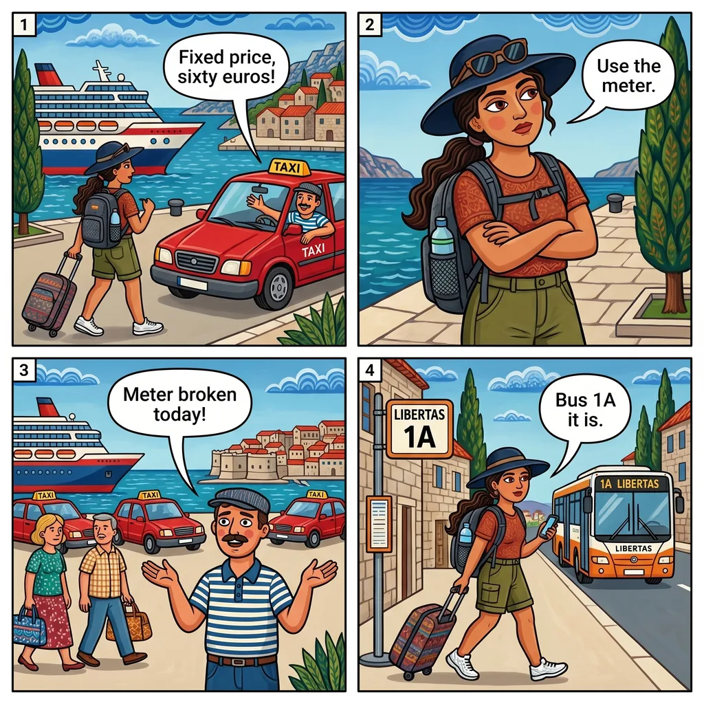 Port Gruž Cruise-Taxi Overcharge — comic illustration