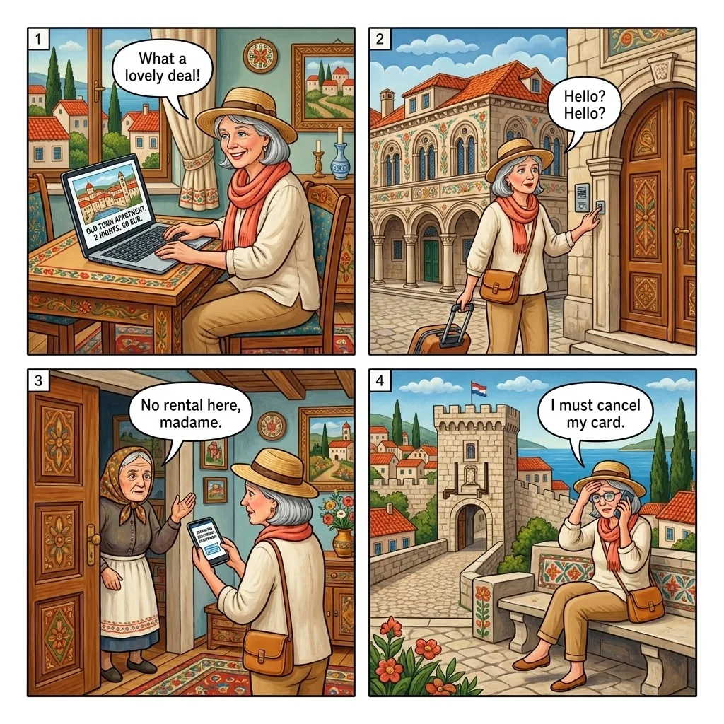 Fake Apartment & Booking.com Reservation Hijack — comic illustration