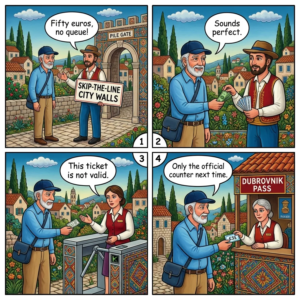 City Walls & Dubrovnik Pass Fake-Ticket Resellers — comic illustration