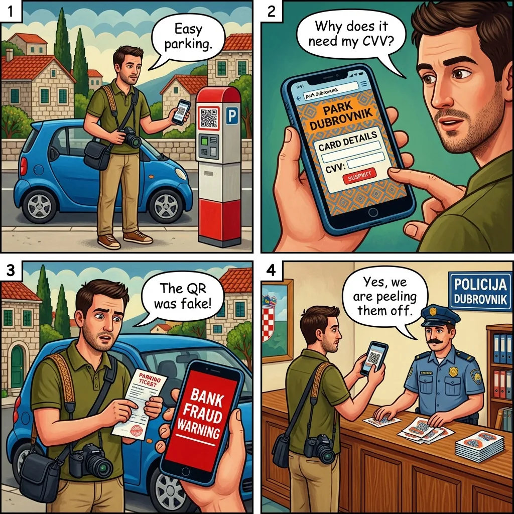 Fake-QR-Code Parking Meter — comic illustration