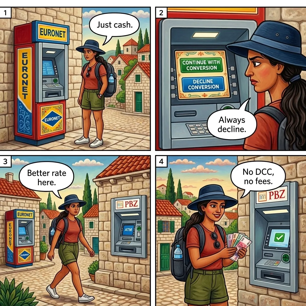 Stradun Currency Exchange & Euronet ATM Markup — comic illustration