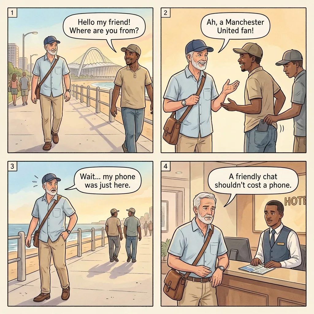 Beachfront Distraction Pickpocketing — comic illustration