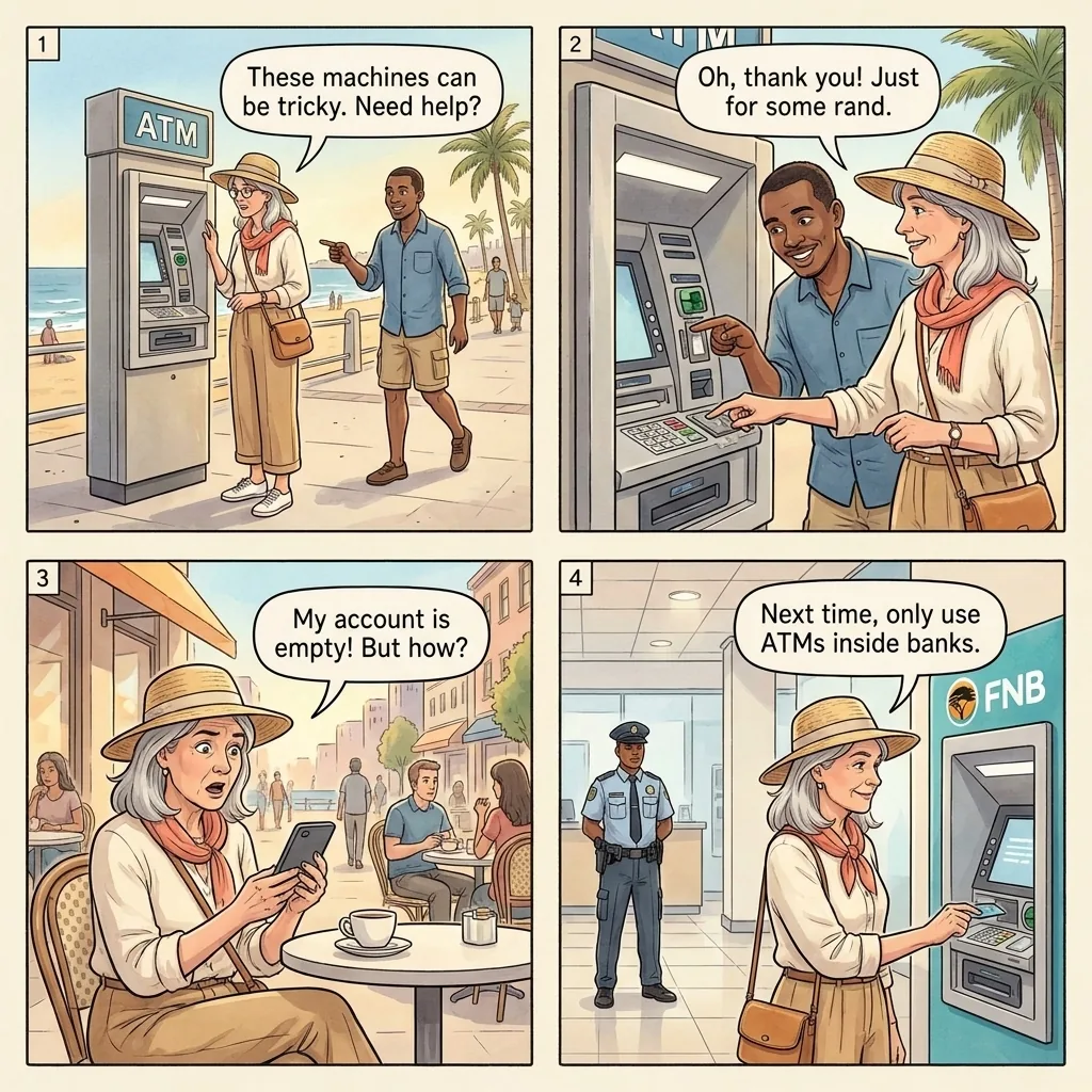 ATM Card Skimming and Helper Scam — comic illustration